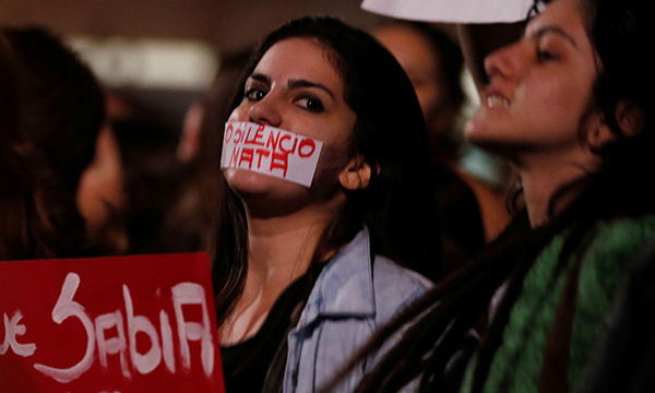 Demonstrators attend a protest against rape and violence against women in Sao Paulo, Brazil